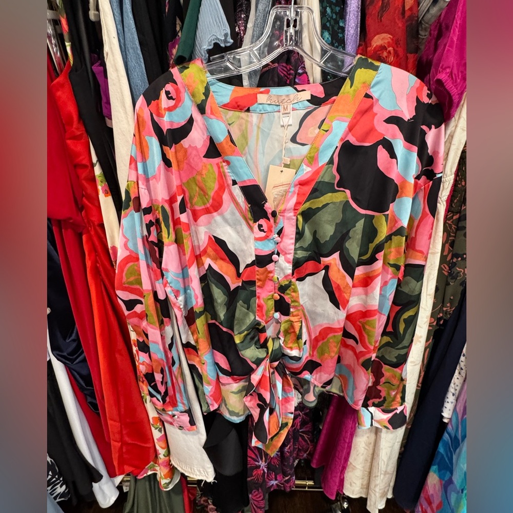 Hutch Button Down Floral Knot Tie Blouse